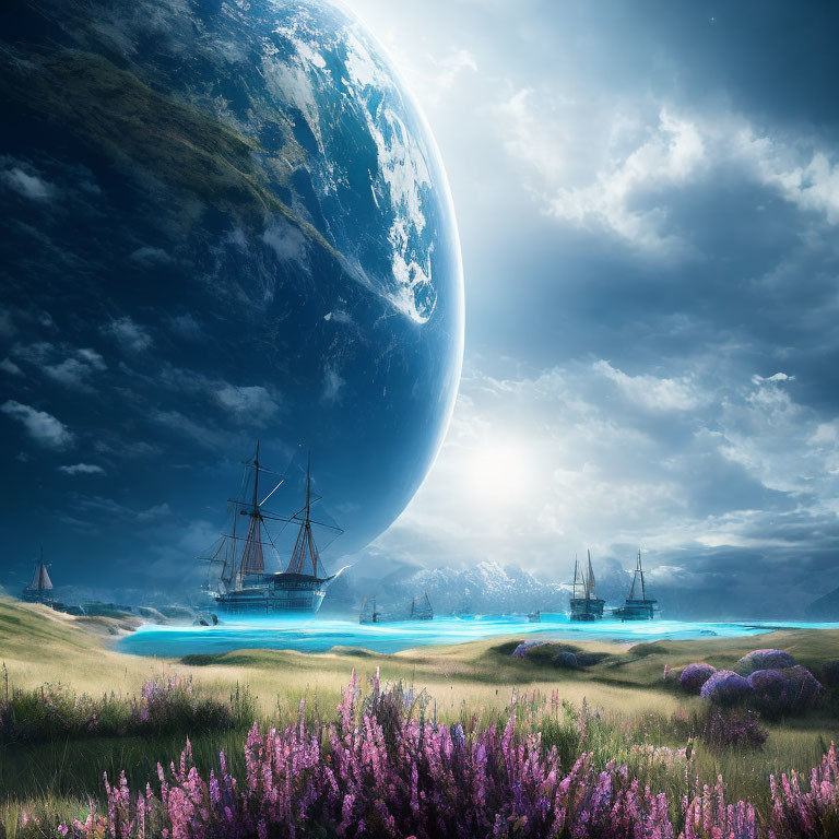 Ships sailing near purple flora under giant planet in serene sea