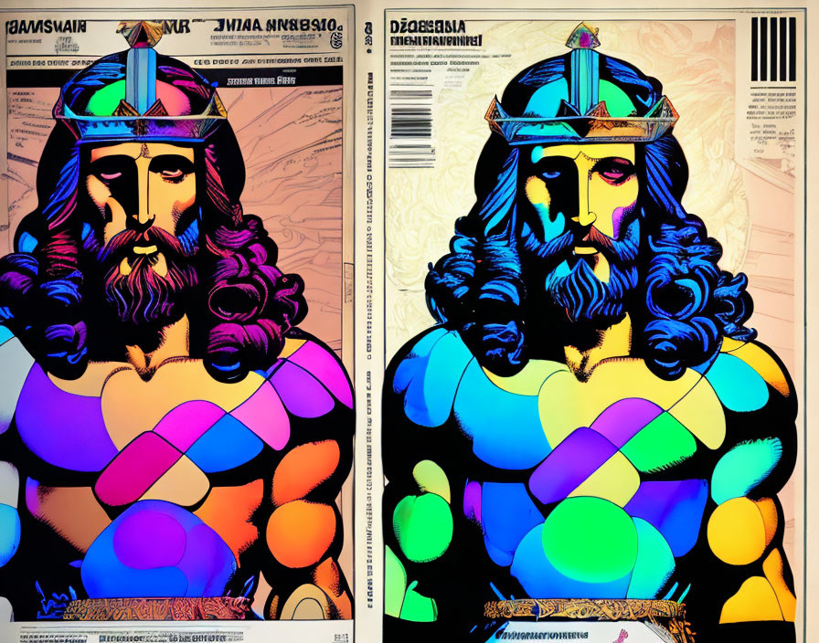 Vibrant pop art diptych of a crowned, bearded figure in bold colors