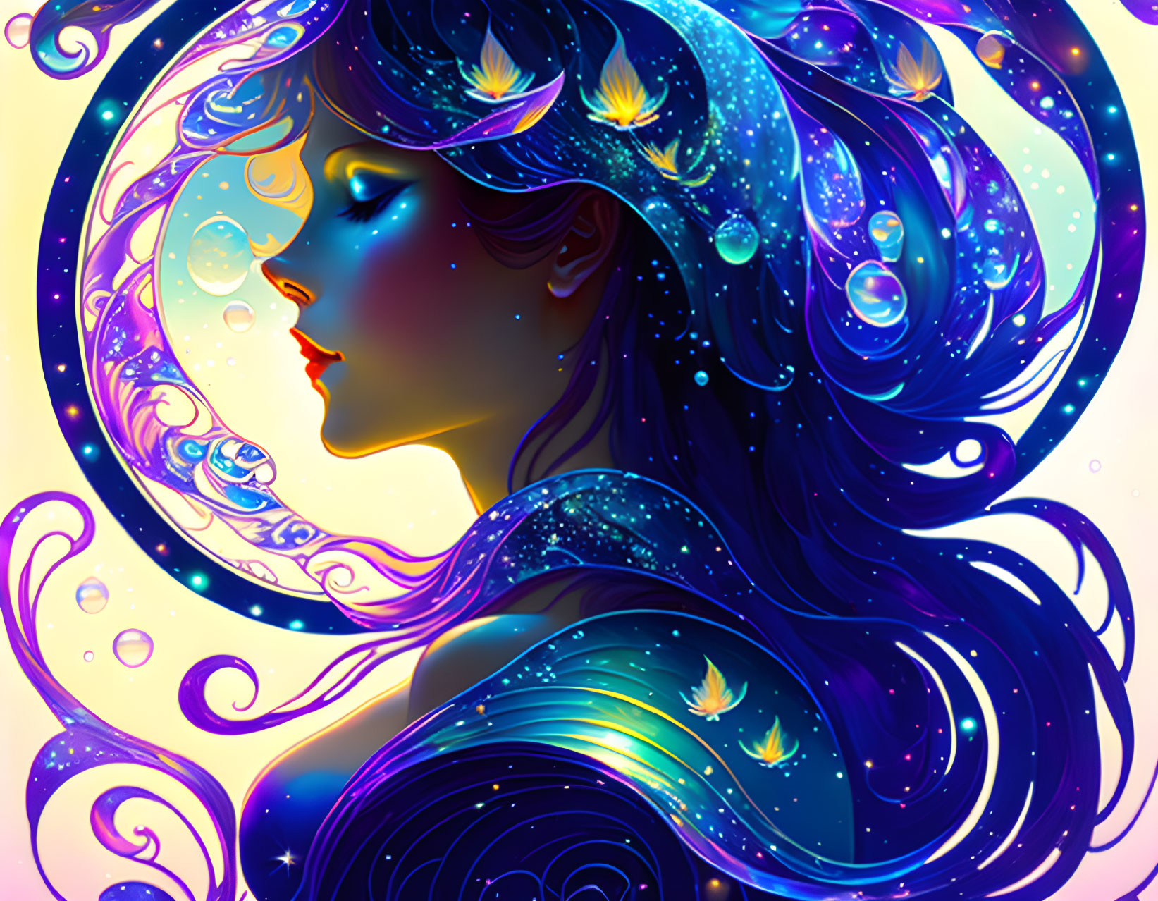 Colorful profile illustration of woman with blue cosmic hair and glowing elements