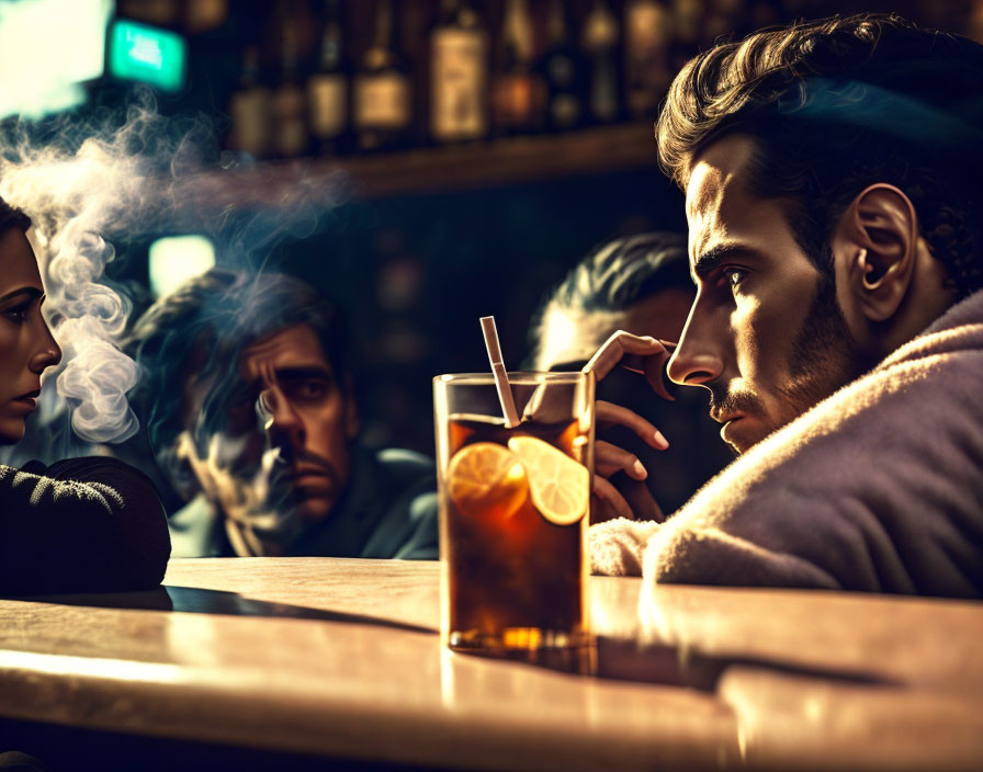 Three individuals in dimly lit bar setting with one person focused, drink in front, in moody