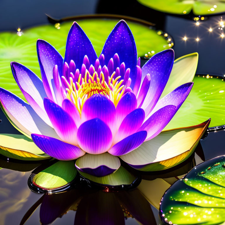 Vibrant purple and pink water lily on tranquil water surface