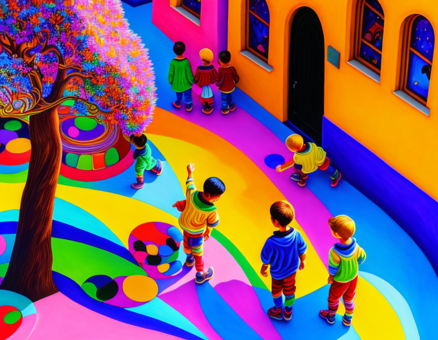 Colorful Children's Illustration: Kids on Rainbow Pathway with Whimsical Tree