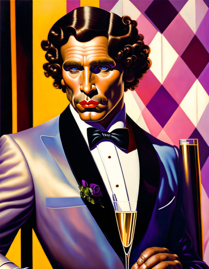 Man with curly hair, mustache, face makeup, tuxedo, and champagne flute portrait.