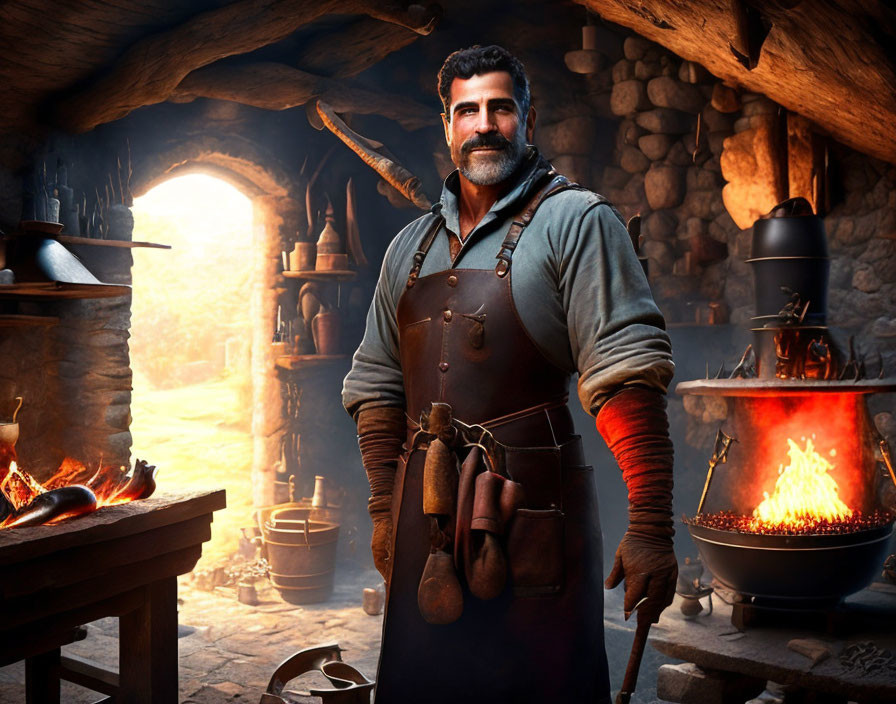 Smiling blacksmith with beard in leather apron in forge with fire and tools