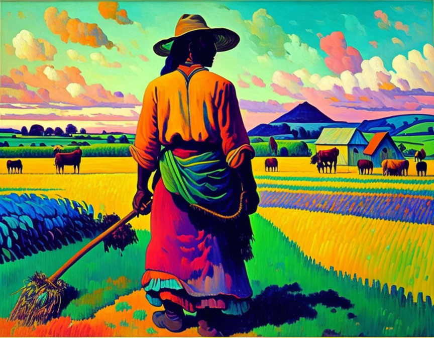 Colorful painting of person in traditional attire with tool overlooking rural landscape