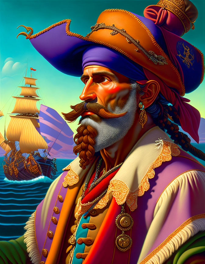 Colorful Pirate Portrait with Ship and Sea Background