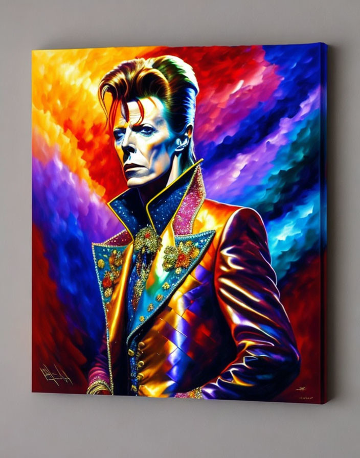 Colorful painting of stylized man with face paint and ornate jacket on abstract background