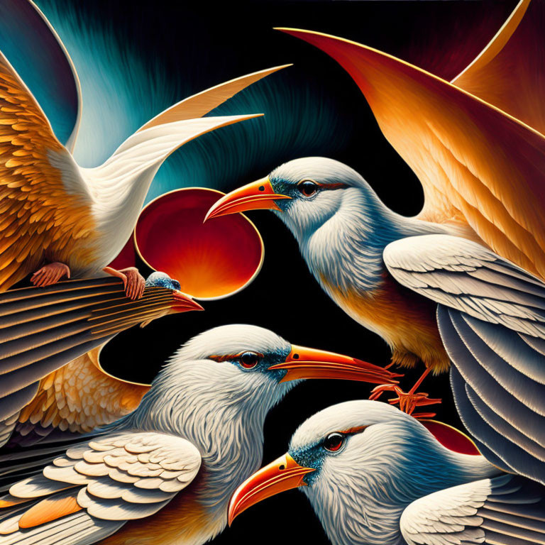 Colorful Stylized Painting of Three Birds Interacting