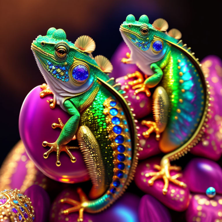 Colorful jewel-encrusted geckos on ornate spheres in dark setting