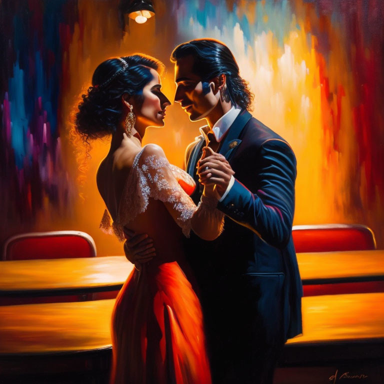 Formal Attired Couple Dancing under Dramatic Lighting