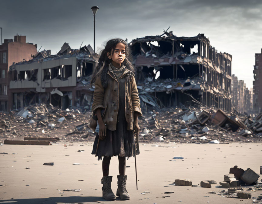 Pensive young girl amid debris and a devastated building