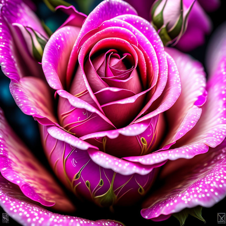 Detailed close-up of vibrant pink rose petals and water droplets on dark background