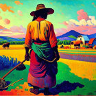 Colorful painting of person in traditional attire with tool overlooking rural landscape