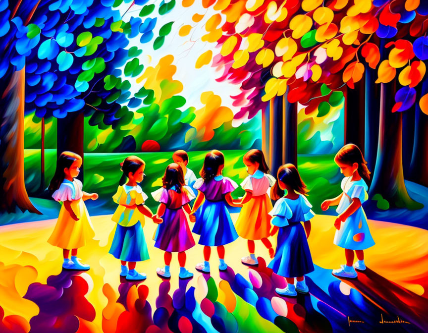 Colorful painting: Children holding hands in vibrant forest