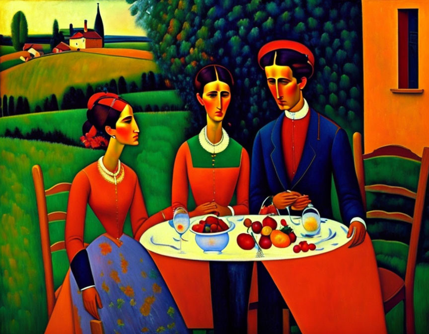 Colorful stylized figures with fruit at a table in vibrant countryside.