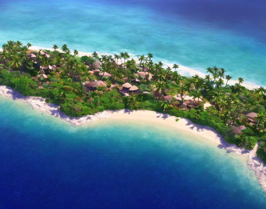 Thatched-Roof Bungalows on Tropical Island Beach