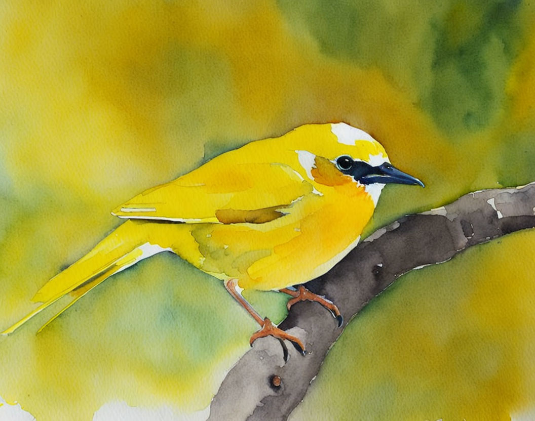 Bright Yellow Bird Perched on Branch in Watercolor