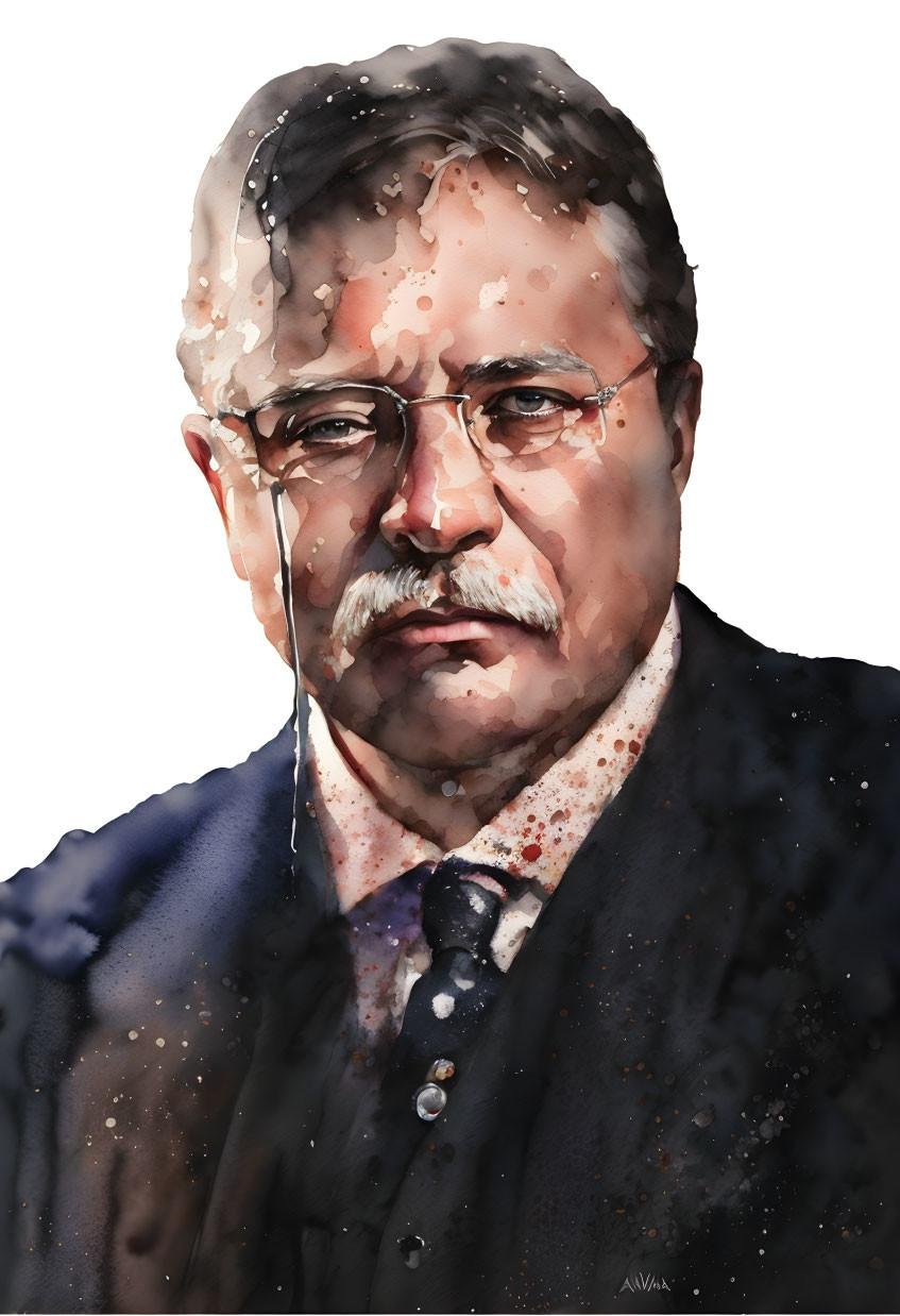 Watercolor portrait of a bespectacled man in dark suit with paint speckles