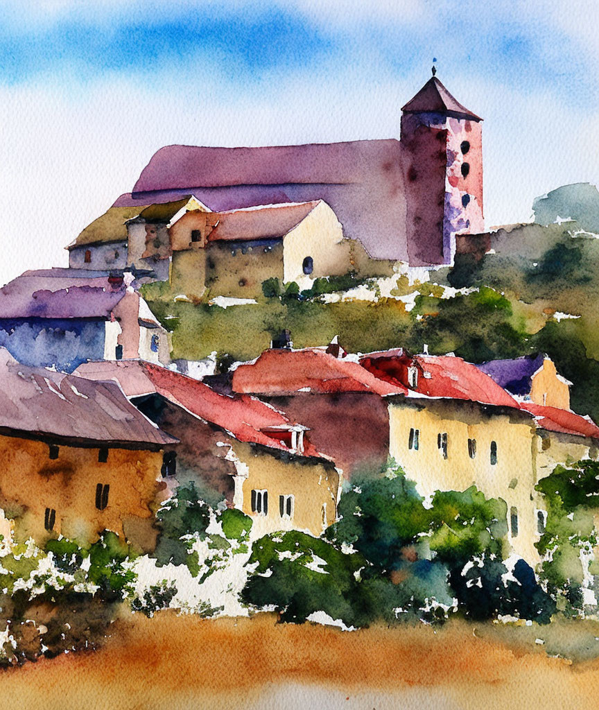 Scenic watercolor painting of village church on hillside