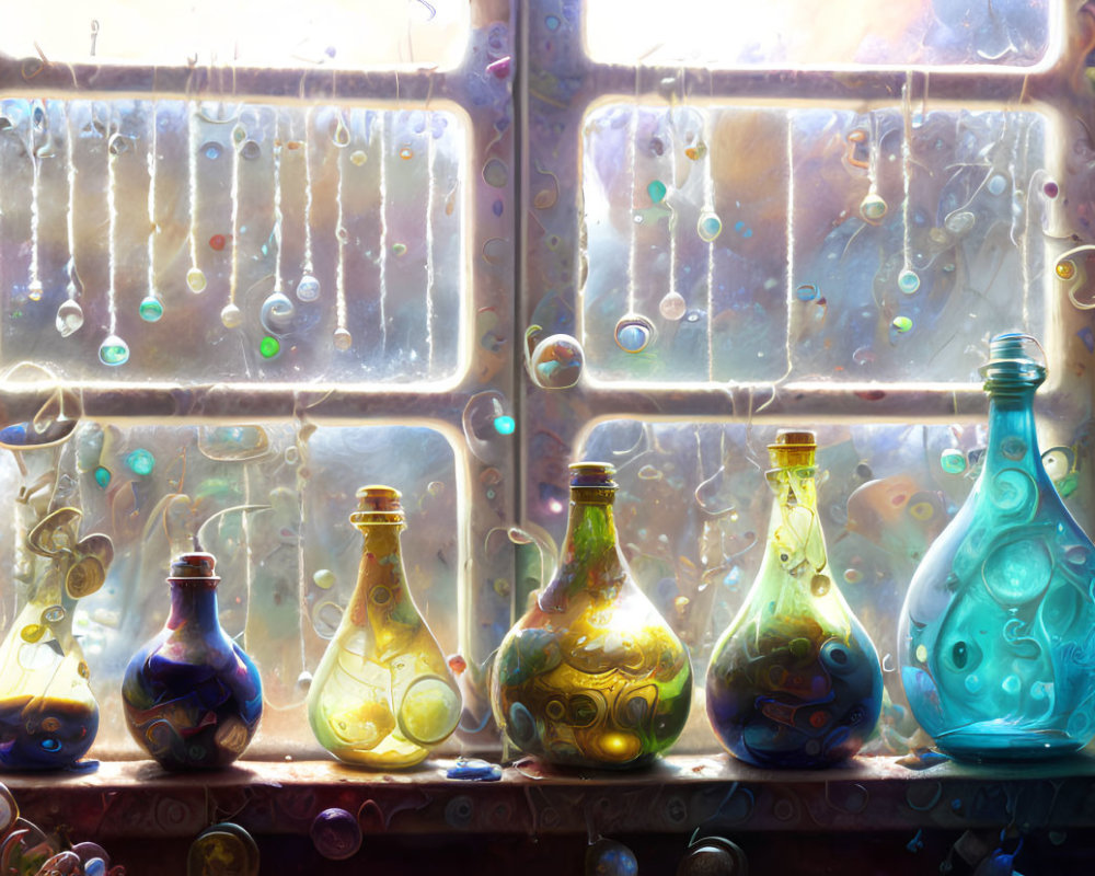 Vibrant glass bottles on sunlit windowsill with refracted light and bubbles.