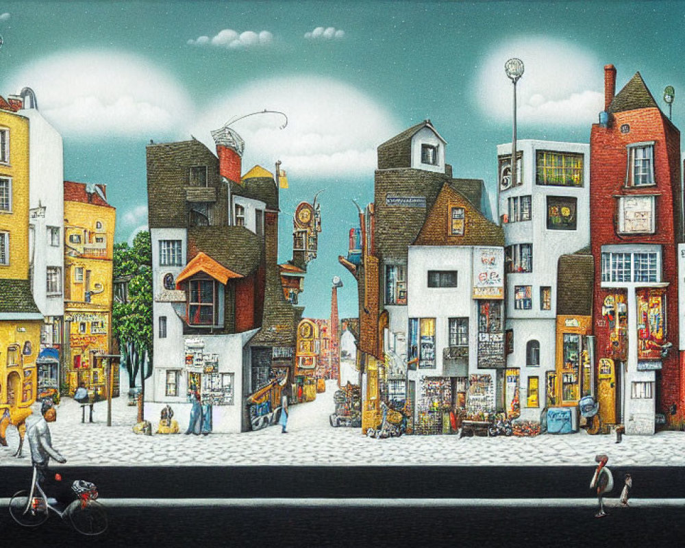 Colorful Whimsical Street Scene with Crooked Buildings & Activities