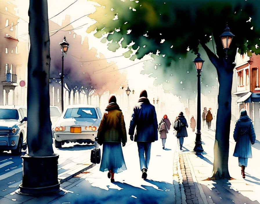 People walking on sunlit street with classic lamps and trees in watercolor.