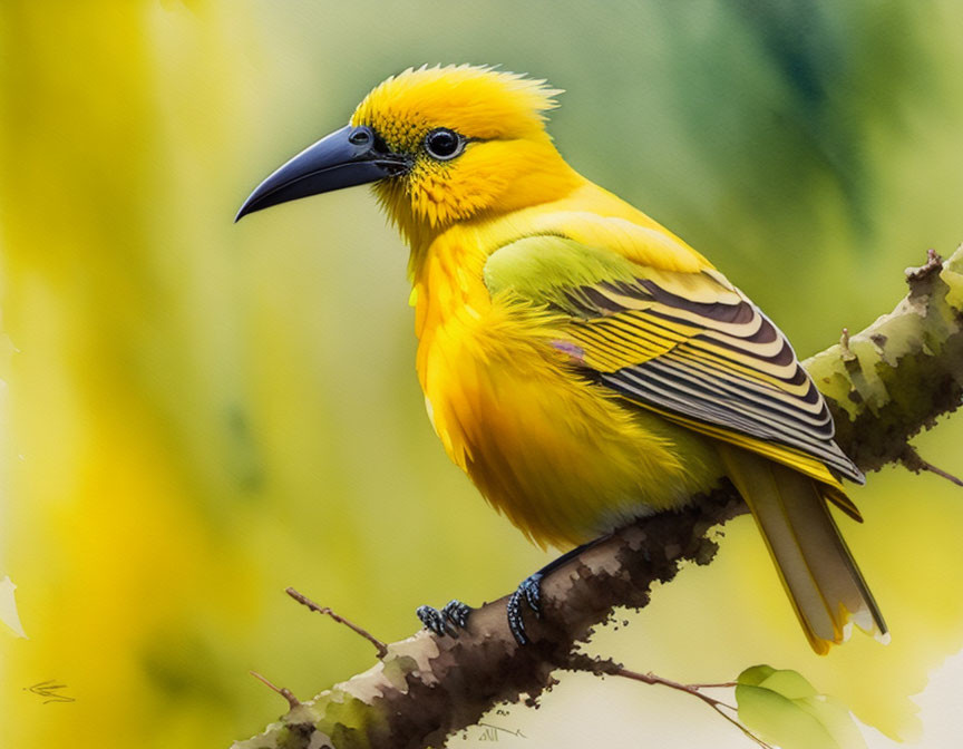 Colorful Yellow Bird with Black Markings Perched on Branch
