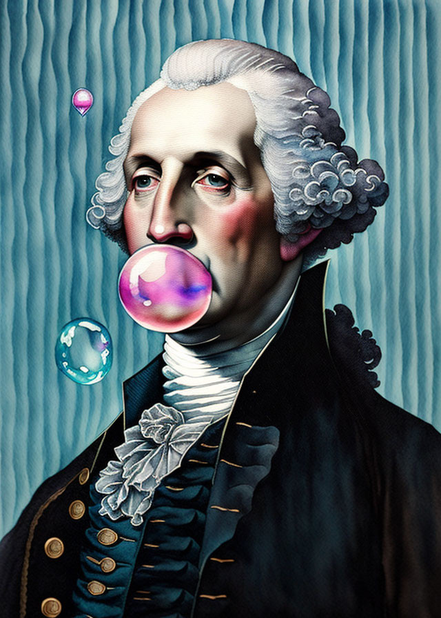 Man in historical dress blowing pink bubble gum bubble against surreal blue background