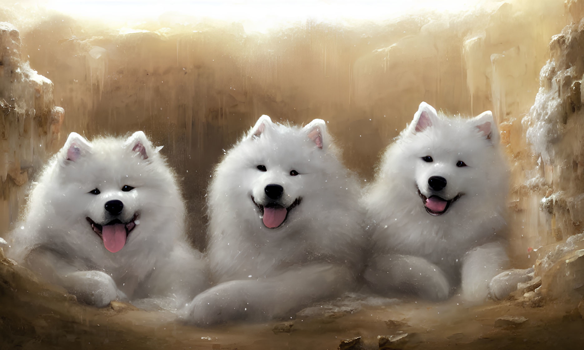 Three Cheerful White Dogs Sitting in a Row on Earth-Toned Background