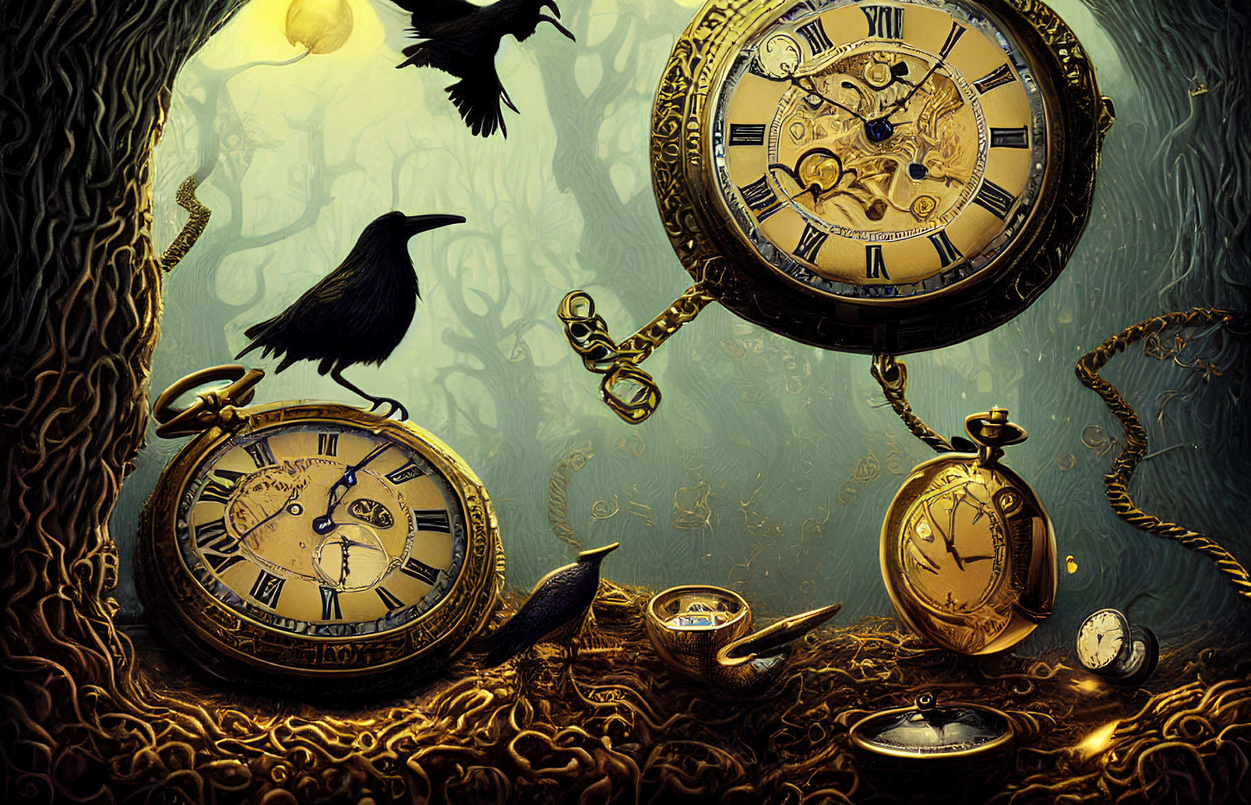 Mystical forest scene with floating pocket watches and crow among timepieces.