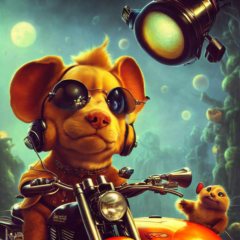 Whimsical dog with goggles on motorcycle underwater