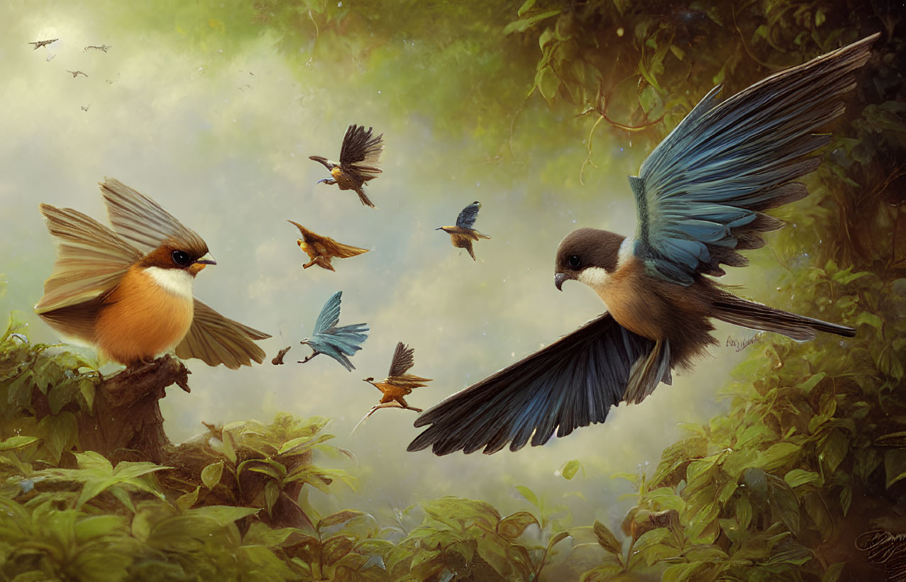 Digital painting: Birds in Flight with Striking Blue Wings in Green Forest