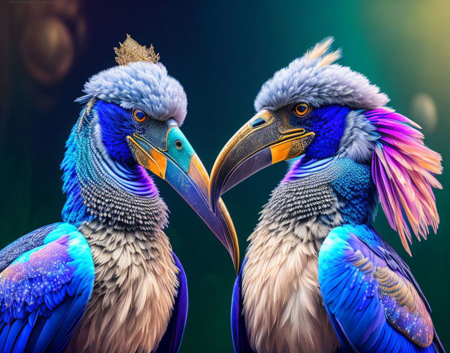 Colorful Stylized Birds with Crown Facing Each Other on Soft Background