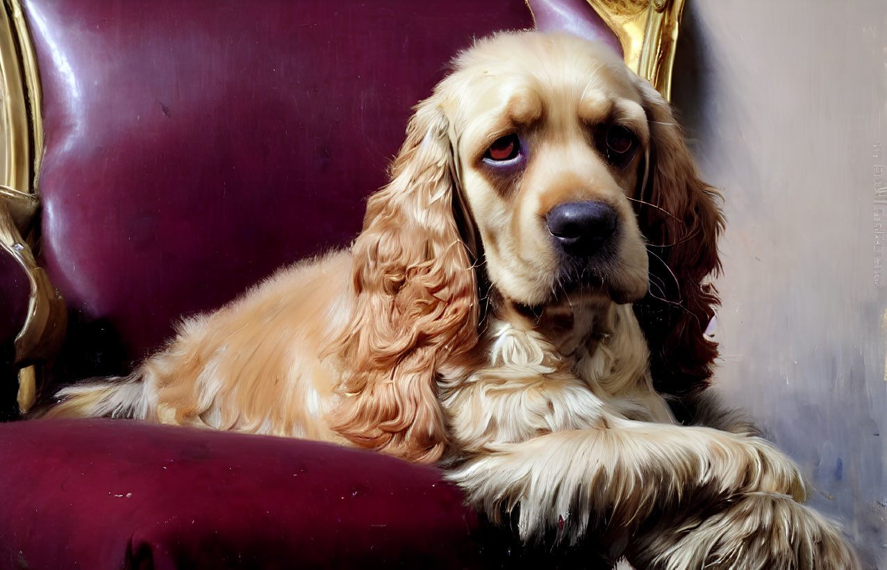 Golden Cocker Spaniel Dog Relaxing on Plush Purple Armchair