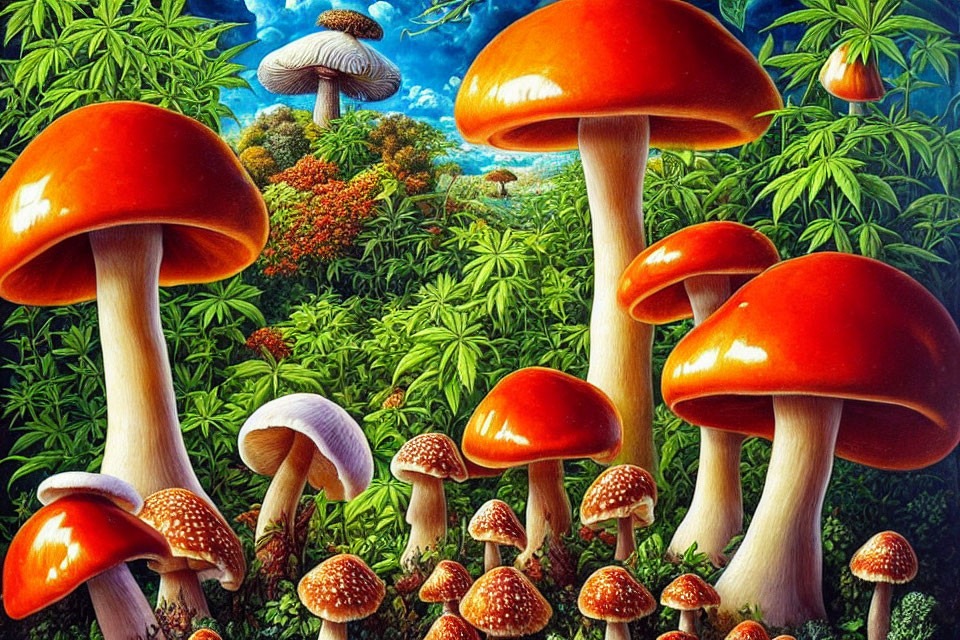 Colorful painting of red-capped mushrooms in lush green foliage