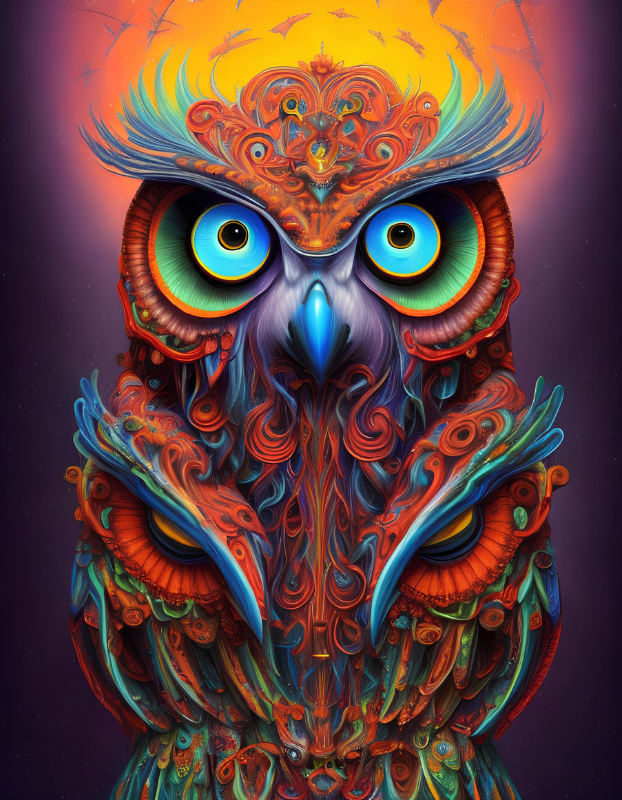 Colorful Owl Illustration with Swirling Patterns and Expressive Eyes