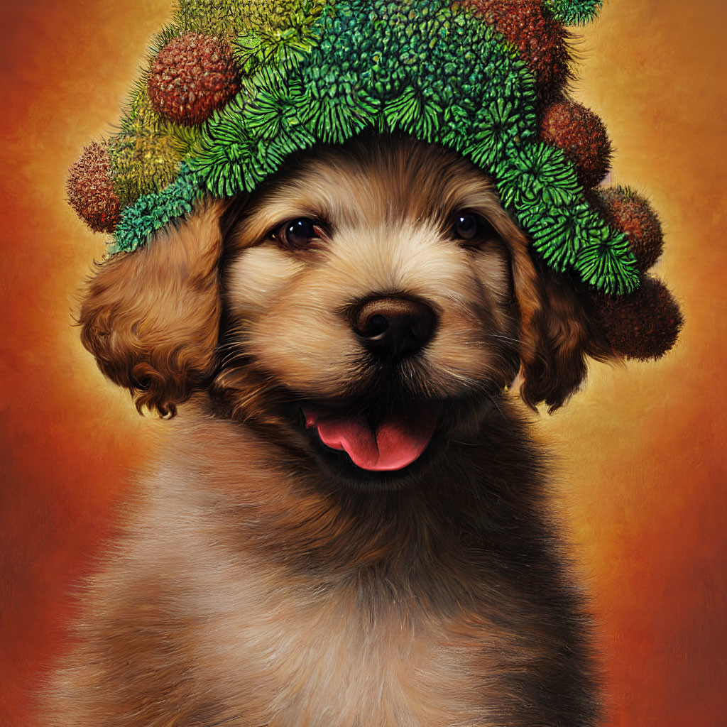 Adorable brown puppy with green hat and pinecone decorations