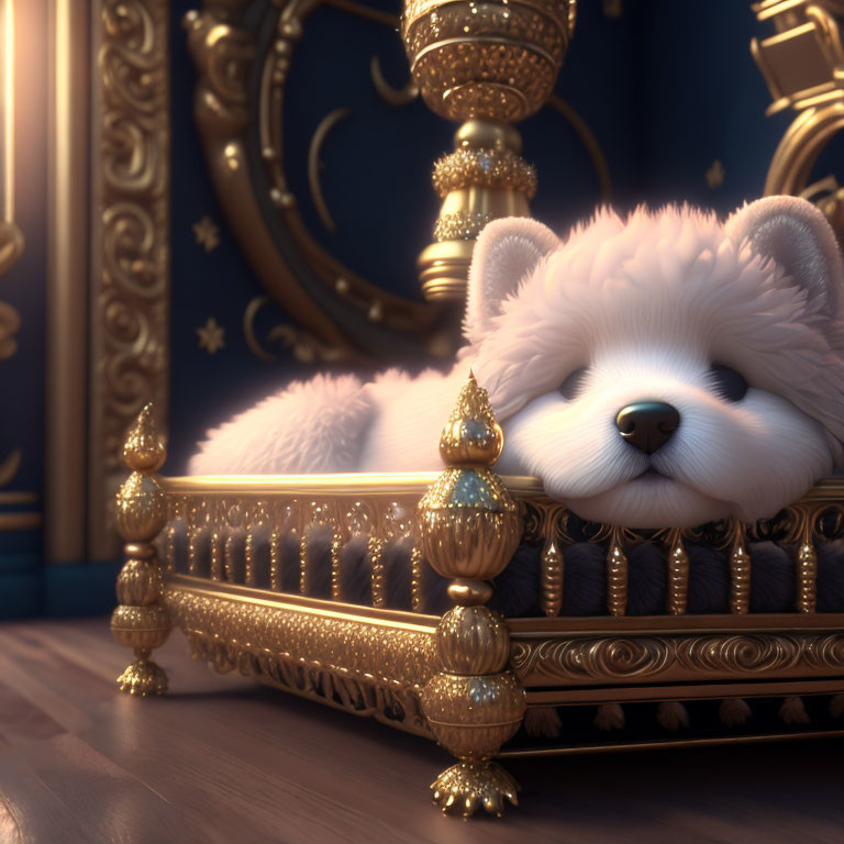 White Fluffy Dog Sleeping on Golden Dog Bed in Luxurious Room