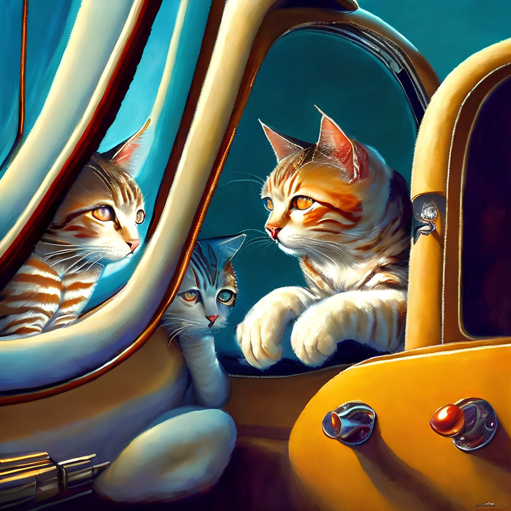 Stylized cats in vintage car with blue background