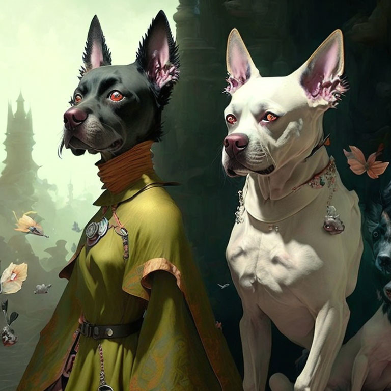 Anthropomorphic dogs in regal attire with gothic castle background.