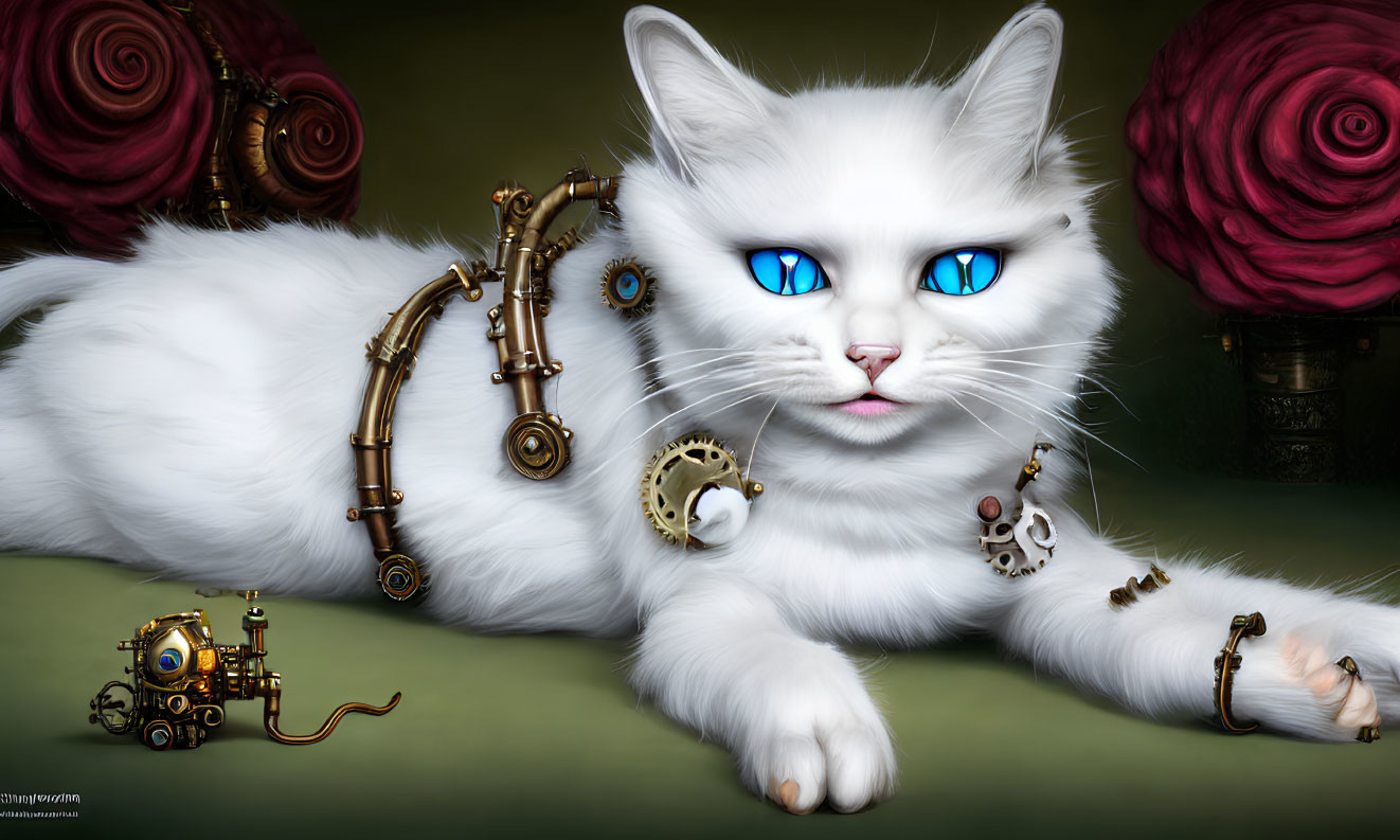 White Fluffy Cat with Blue Eyes and Steampunk Mechanical Limbs Beside Intricate Robot