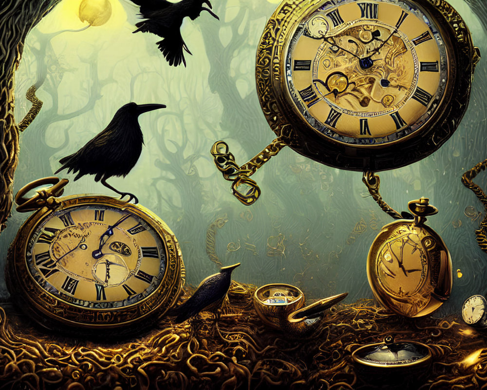 Mystical forest scene with floating pocket watches and crow among timepieces.