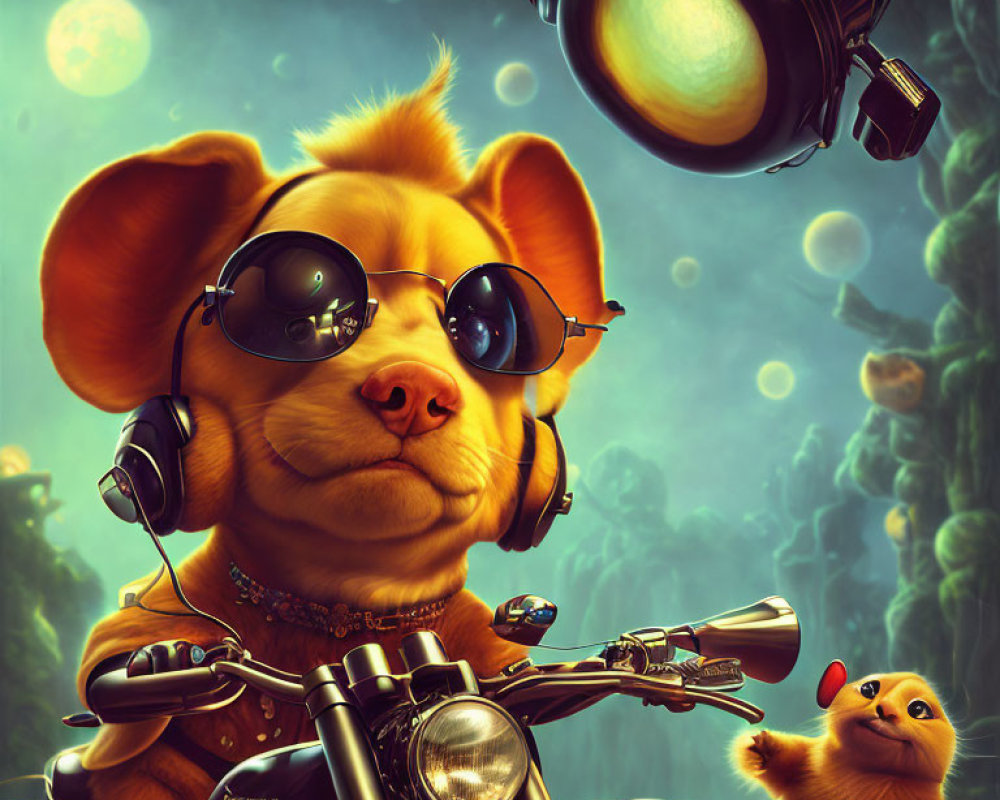 Whimsical dog with goggles on motorcycle underwater