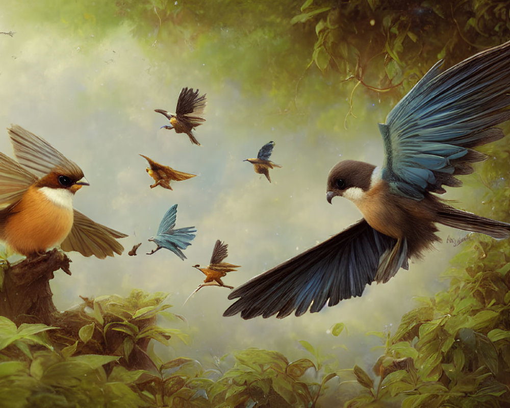 Digital painting: Birds in Flight with Striking Blue Wings in Green Forest