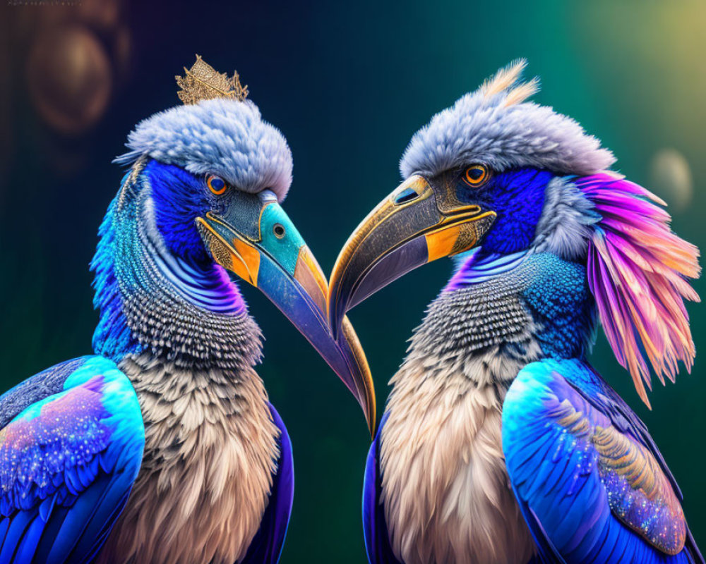 Colorful Stylized Birds with Crown Facing Each Other on Soft Background