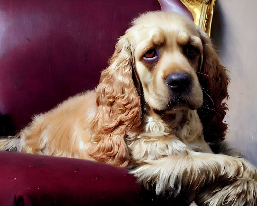 Golden Cocker Spaniel Dog Relaxing on Plush Purple Armchair