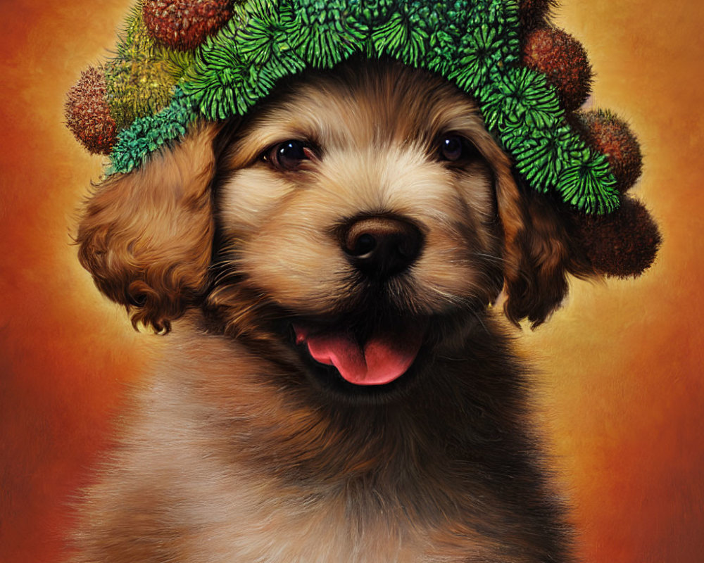 Adorable brown puppy with green hat and pinecone decorations