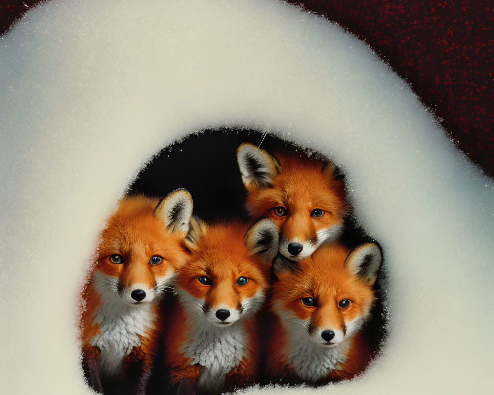 Red foxes peeking through heart-shaped snow opening on dark background