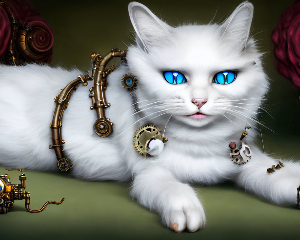 White Fluffy Cat with Blue Eyes and Steampunk Mechanical Limbs Beside Intricate Robot