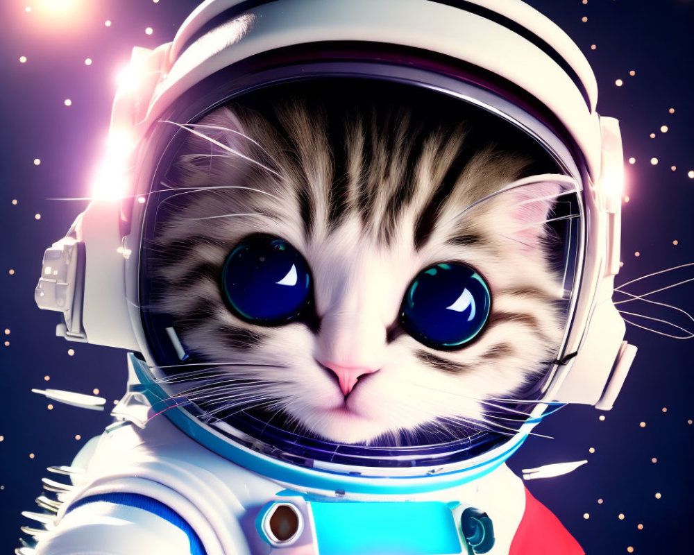 Wide-eyed cat in astronaut suit with helmet on starry space backdrop